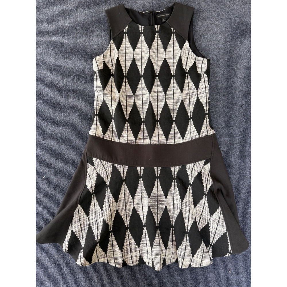 Banana Republic Womens Black White Diamond Jacquard Drop Waist‎ Flare Dress 2